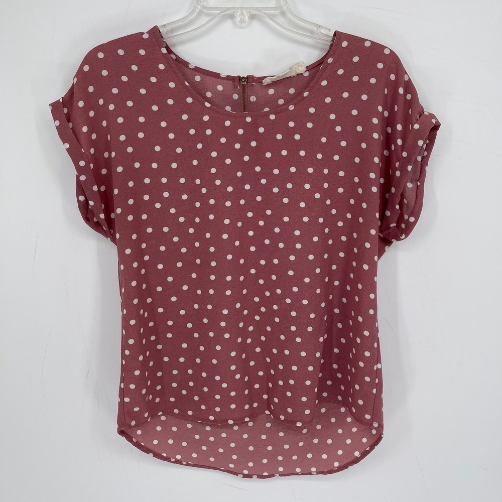Hippie Rose Women's Pink Polka Dot Exposed Zipper Cuffed Sleeve Blouse Size M